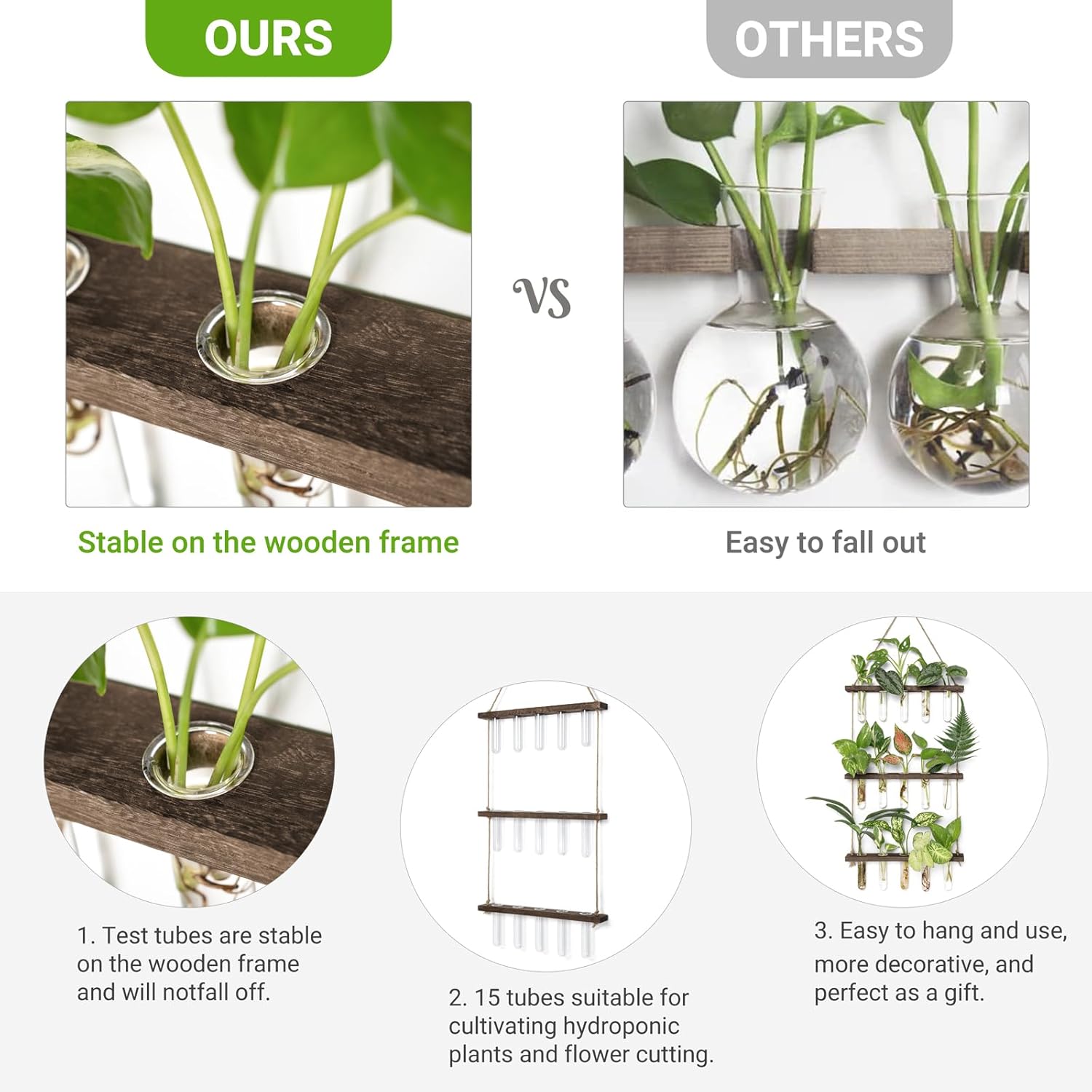 Mkono Plant Propagation Station, 3 Tier Large Brown Wall Hanging Vase Tubes | Glass Terrarium Planter,Wooden Stand,for