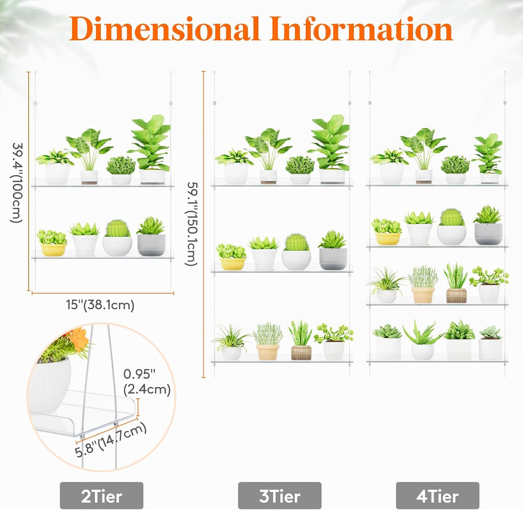Lifewit 3-Tier Window Plant Shelves, 15" Acrylic Adjustable Hanging Shelf | Versatile Hanger for Small Plants or