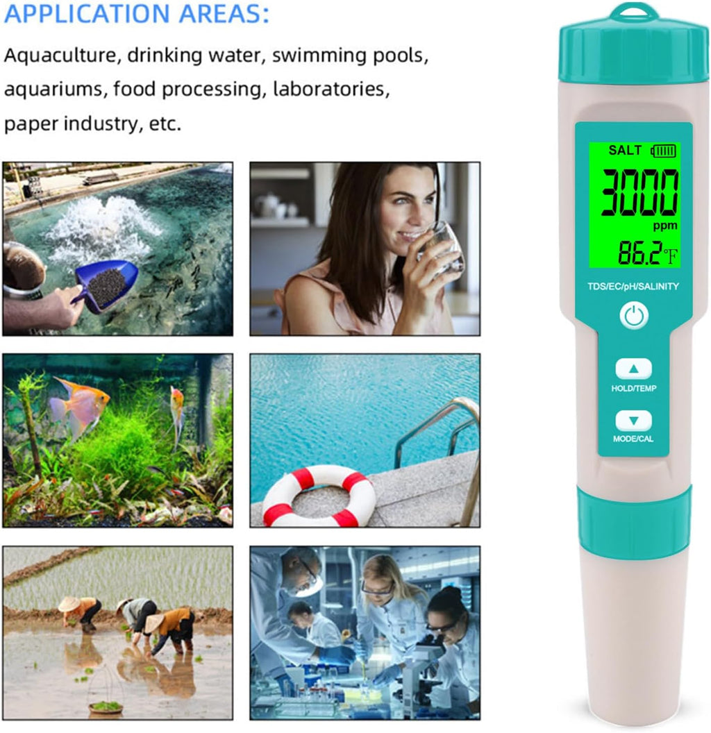 Pool Salt Tester - Multifunctional 5 in 1 Salinity, PH, TDS, EC, and Temperature Meter, Pool Salinity Testing Kit