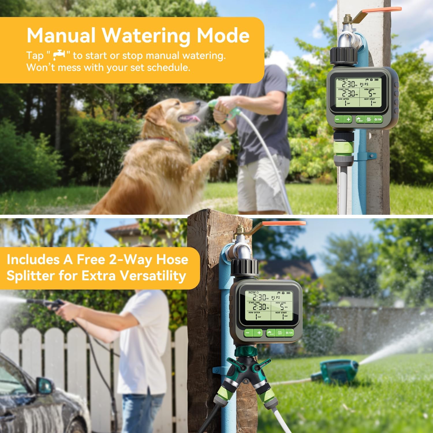 Sprinkler Timer for Garden Hose, Programmable Water Timer with 4 Custom Plans, Rain Delay & 2-Way Splitter, Digital