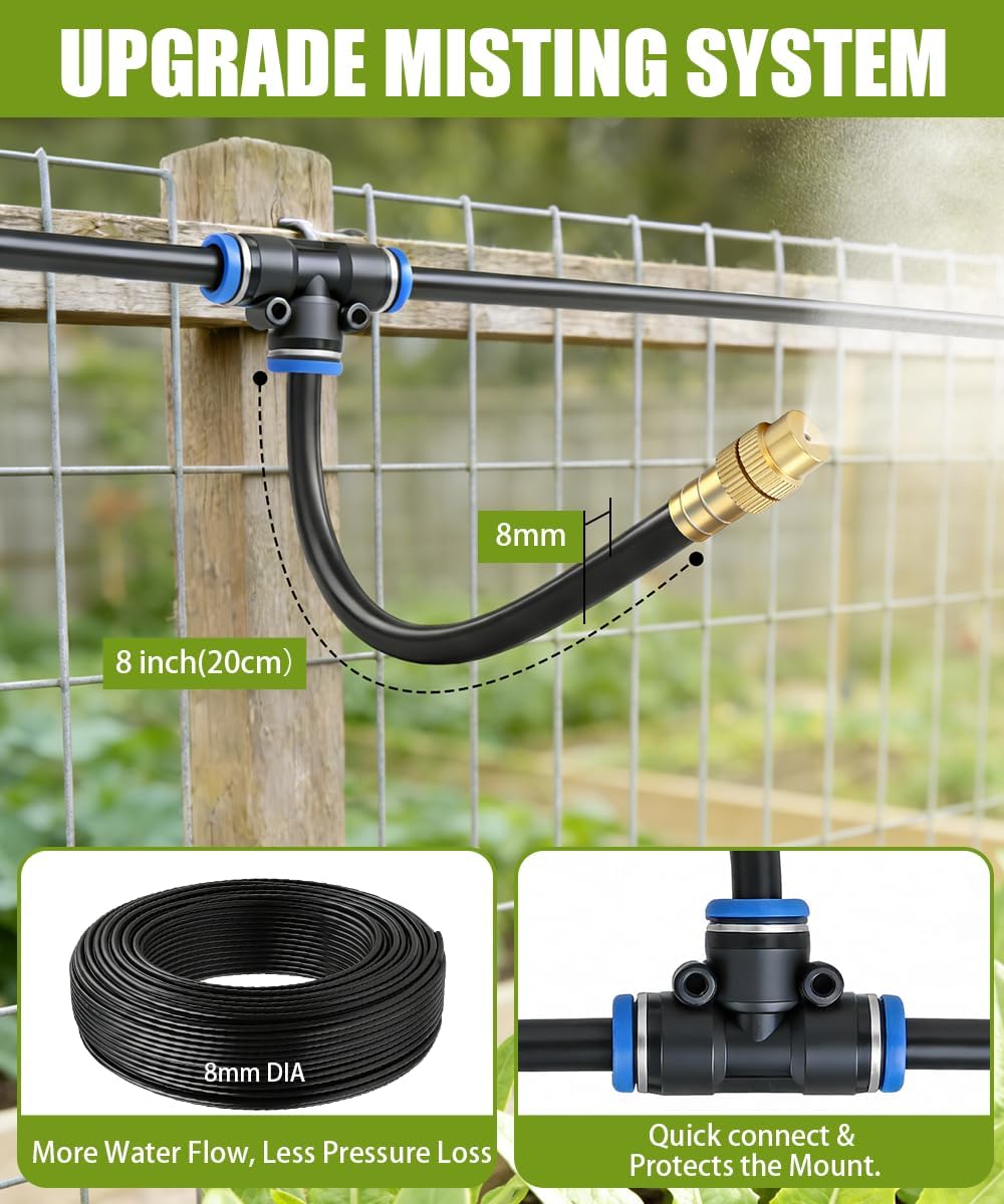 32FT 5/16" Misting Irrigation System for Garden with 10 Adjustable Nozzles | 360° Bendable Copper Nozzles, Quick