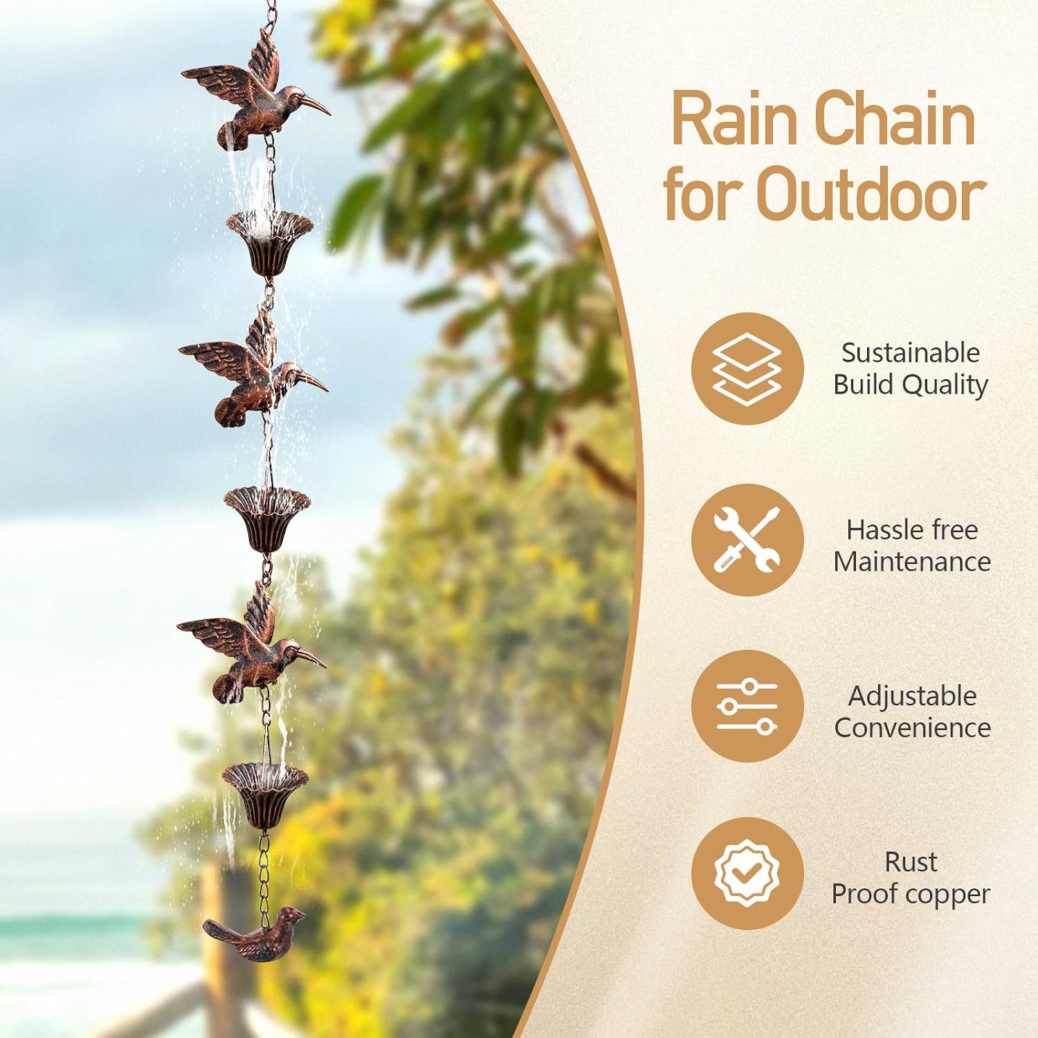 Rain Chain for Gutters,8.5FT Rain Catcher Chain for Outside with 7 Metal Cups & Hummingbird Decor,Adjustable Hanging