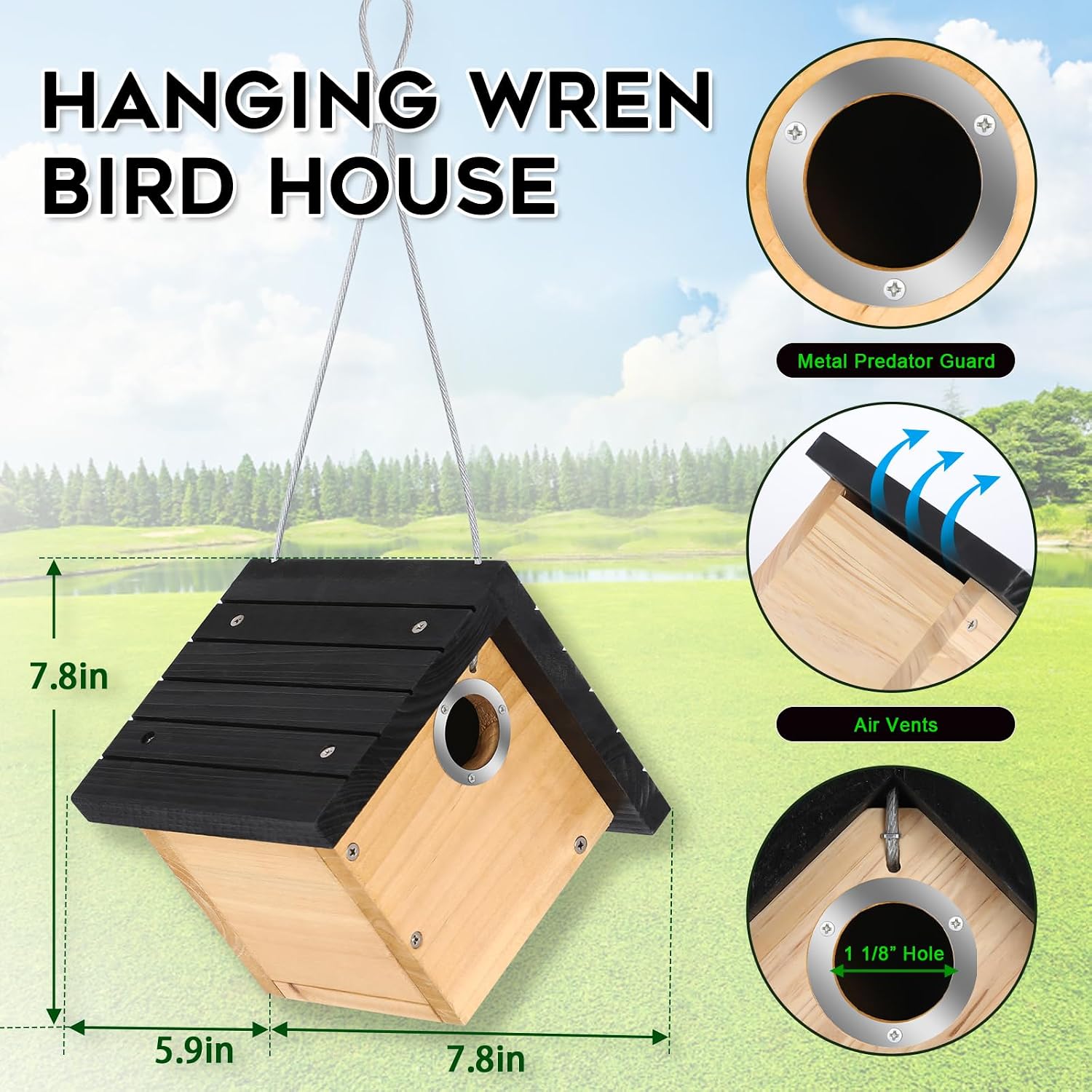 Gtongoko Hanging Wren Bird Houses for Outside with 1-1/8" Entrance 2 Pack | Wood Nesting Box with Metal predator guard