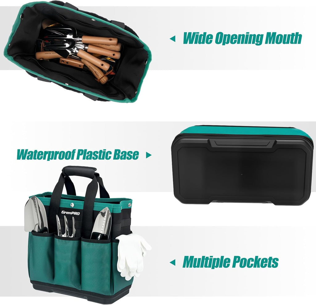 GRENPRO Heavy Duty Garden Tool Bag, Molded Bottom, 10 Pockets, Dark Green | Reinforced garden organizer tote stands