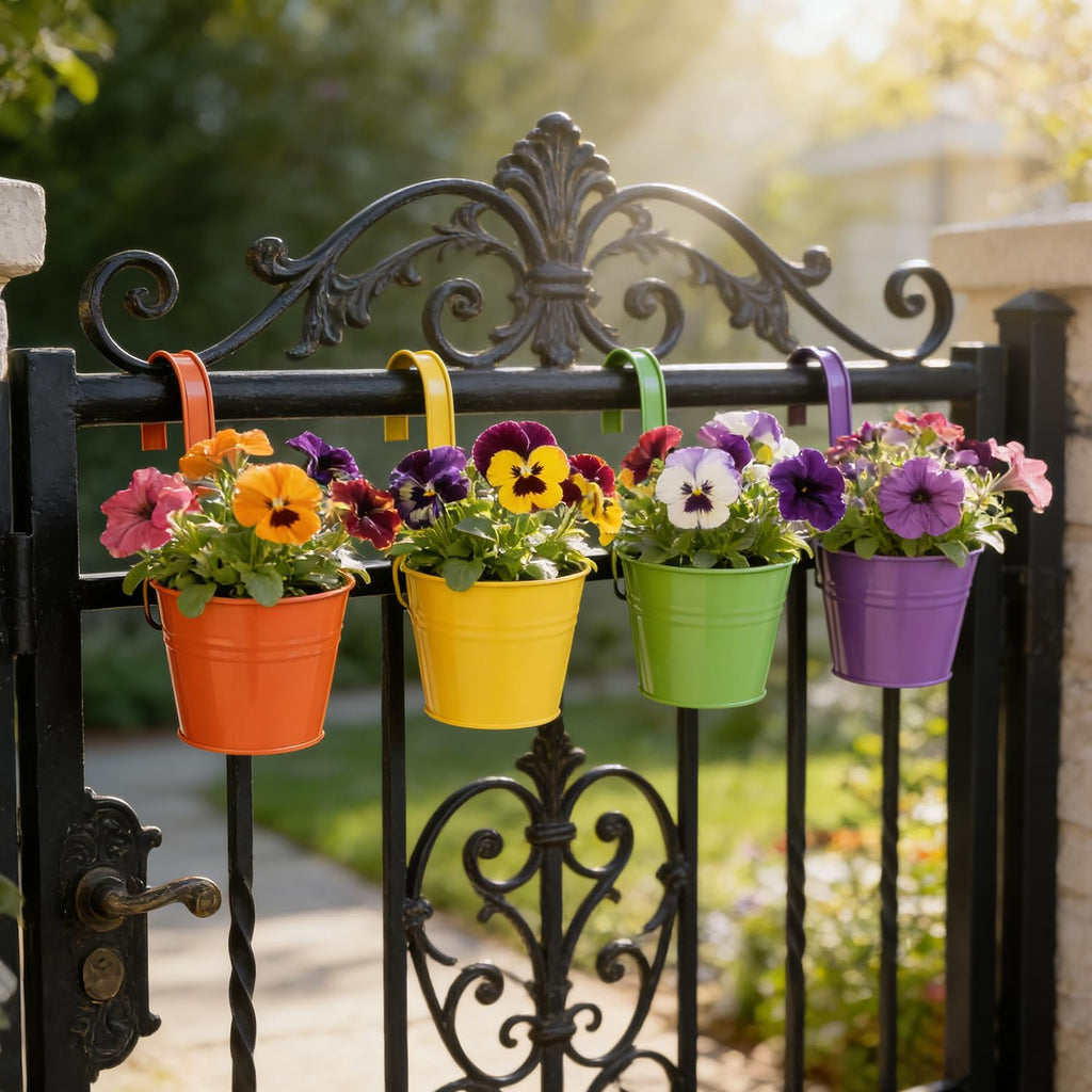 12 Pack Balcony Planters Railing Hanging, Colorful Railing Planter 6.4 Inch Plant Pots with Drainage Holes Hanging