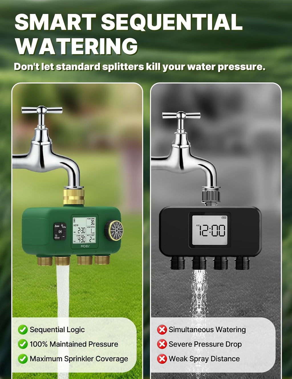 MOES 4 Zone Water Timer, Brass Fittings, Sequential Watering, No Wi-Fi | 4 Independently Programmable Outlets With 3/4