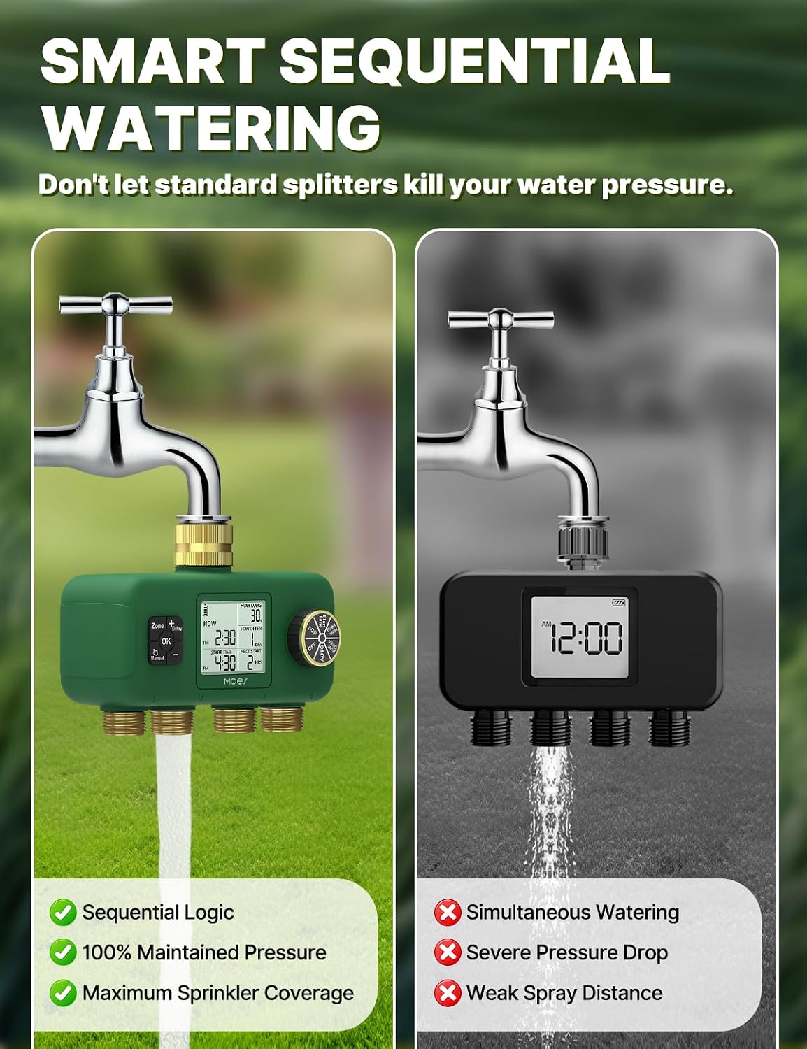 MOES 4 Zone Water Timer, Brass Fittings, Sequential Watering, No Wi-Fi | 4 Independently Programmable Outlets With 3/4