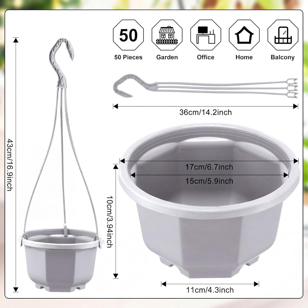 Roshtia 50 Pcs 6.7 Inch Plastic Hanging Plant Pots with Hooks Flower Pots Baskets Outdoor Hanging Nursery Planter