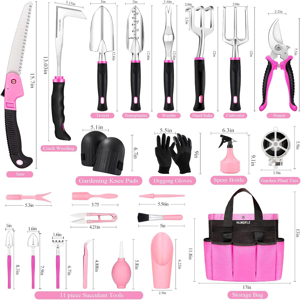 Pink Garden Tool Set Gardening Items for Women - 24PCS Heavy Duty Garden Tools with Detachable Storage Bag, Succulent