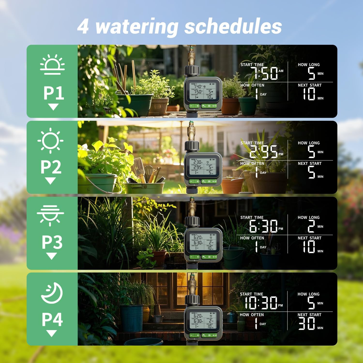 Sprinkler Timer for Garden Hose, Programmable Water Timer with 4 Custom Plans, Rain Delay & 2-Way Splitter, Digital