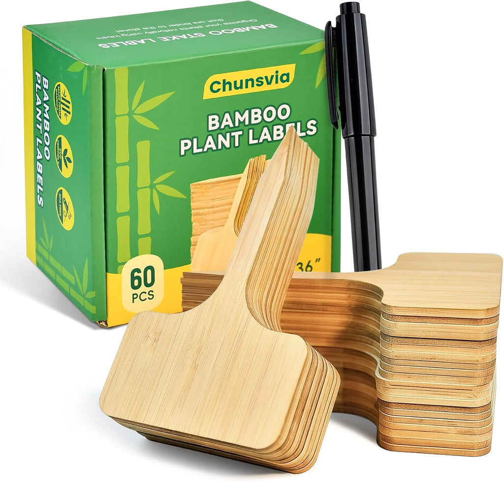 Plant Labels, 60-Pack Bamboo Garden Markers with Dual-Tip Marker