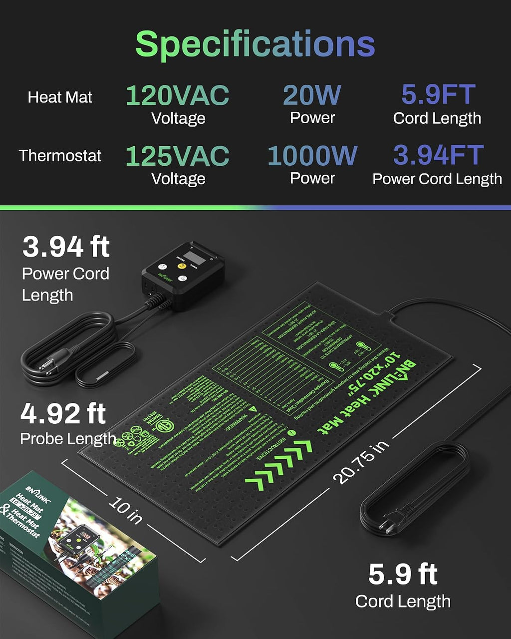 BN-LINK 10" x 20.75" Seedling Heat Mat with Thermostat Controller Combo Set | Plant Heating Pad for Seed Starting with