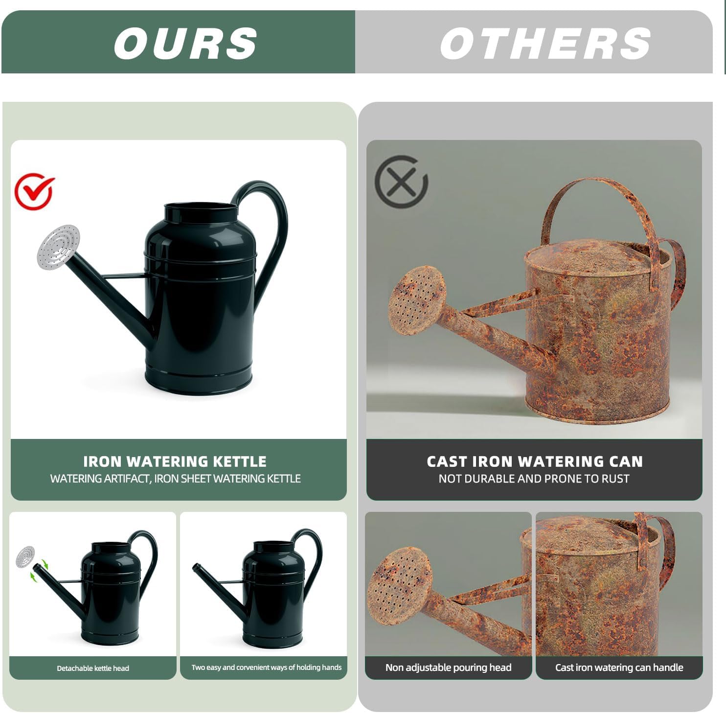 2.3 Gallon Dark Green Metal Watering Can for Plants and Garden with Removable Spout, Made of Galvanized Iron
