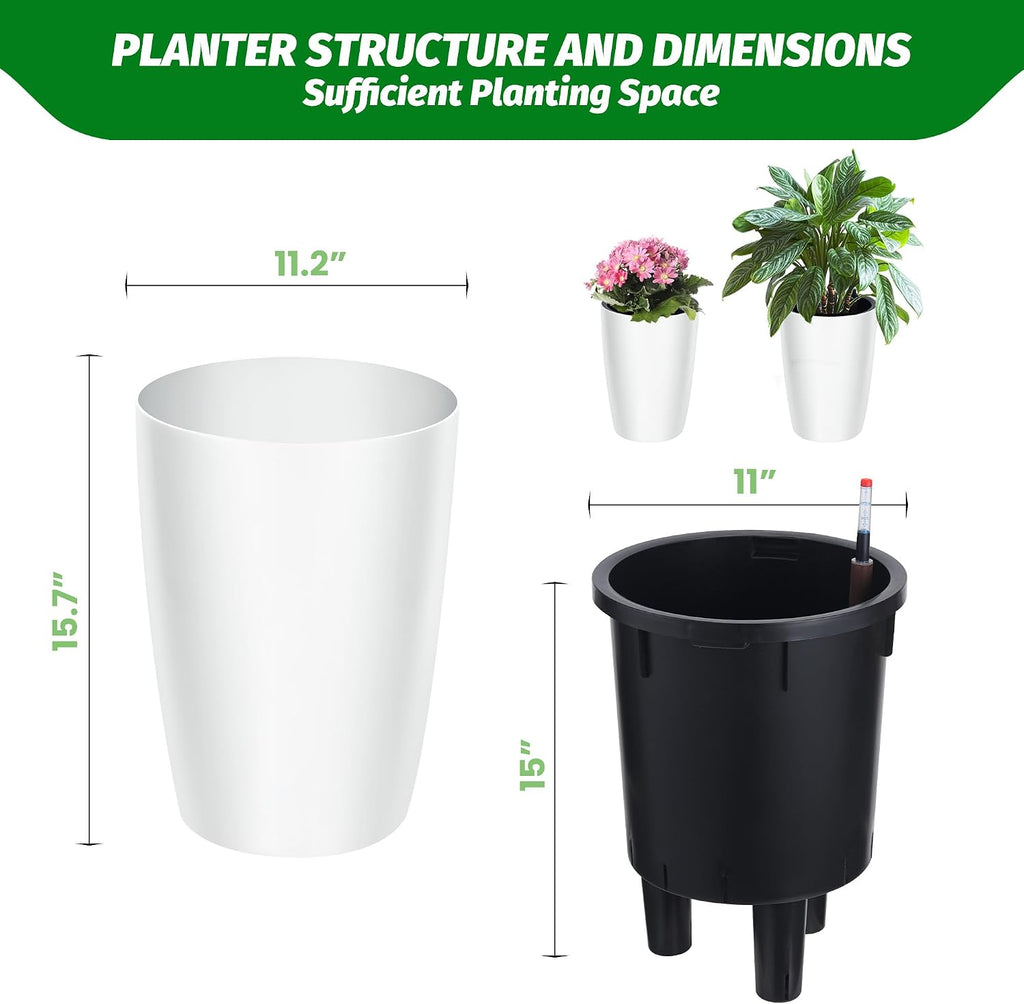 Garvee Tall Planters for Outdoor Plants, 16 in Planters Set of 2, White | Outdoor & Indoor Planters with Water Level