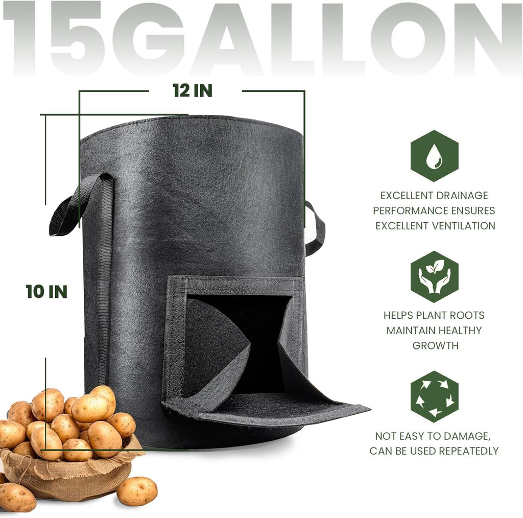 15-Gallon Potato Grow Bags (4 PS) with Unique Leak-Proof Harvesting Window and Transparent Observation Window, Suitable