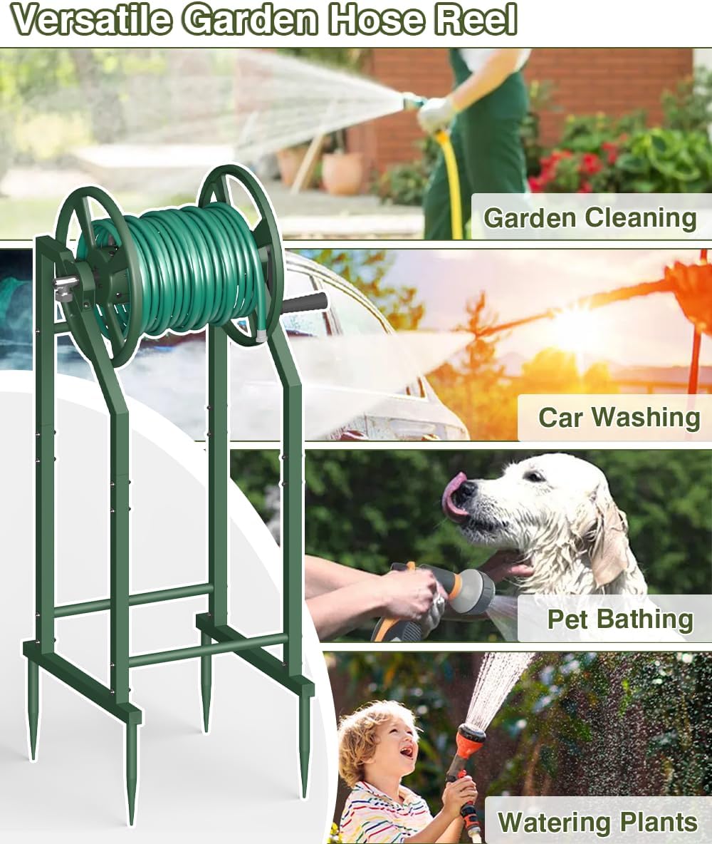 4-Spike Garden Hose Reel with 3.9ft Leader Hose & Stainless Fitting, Outdoor Hose Holder holds 125ft Hose of 5/8"