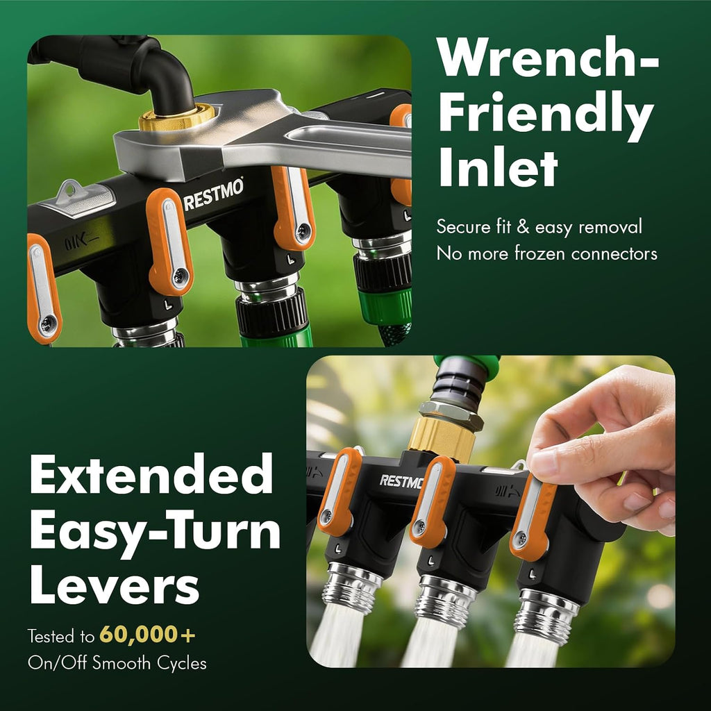 Restmo 4 Way Garden Hose Splitter Heavy Duty Full Metal Body | Water Spigot Splitter with Shutoff Valve, Outdoor Faucet