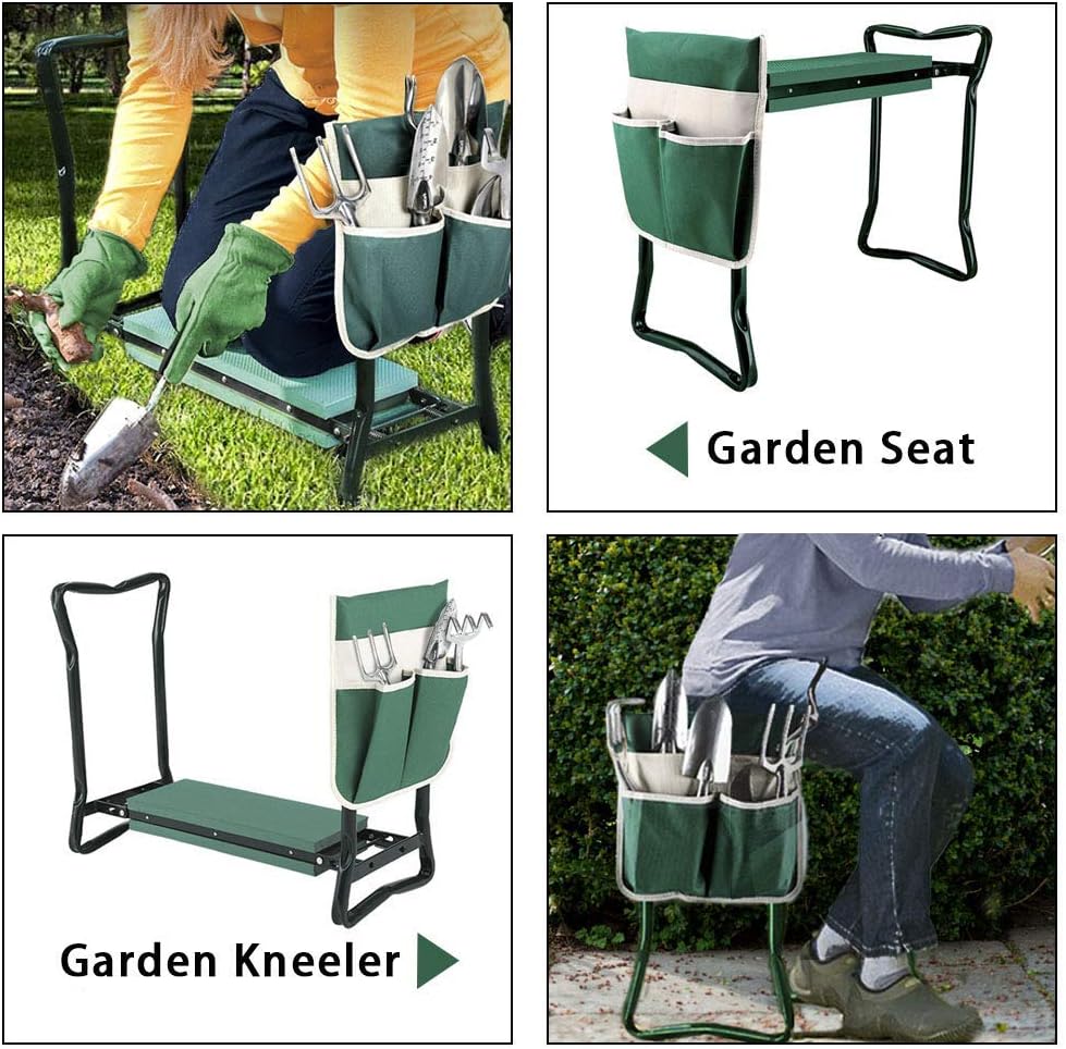 Garden Kneeler and Seat Stool Heavy Duty Garden Folding Bench with Large Tool Pocket and Soft EVA Kneeling Pad for