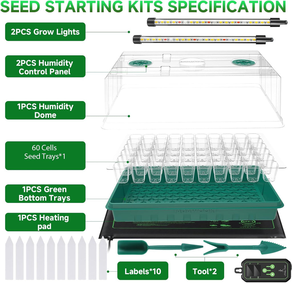 Seed Starter Tray with Grow Light and Thermostat Controller Heat Mat, 10"x 20.75" Heat Mats for Plant Growing，68-113°F