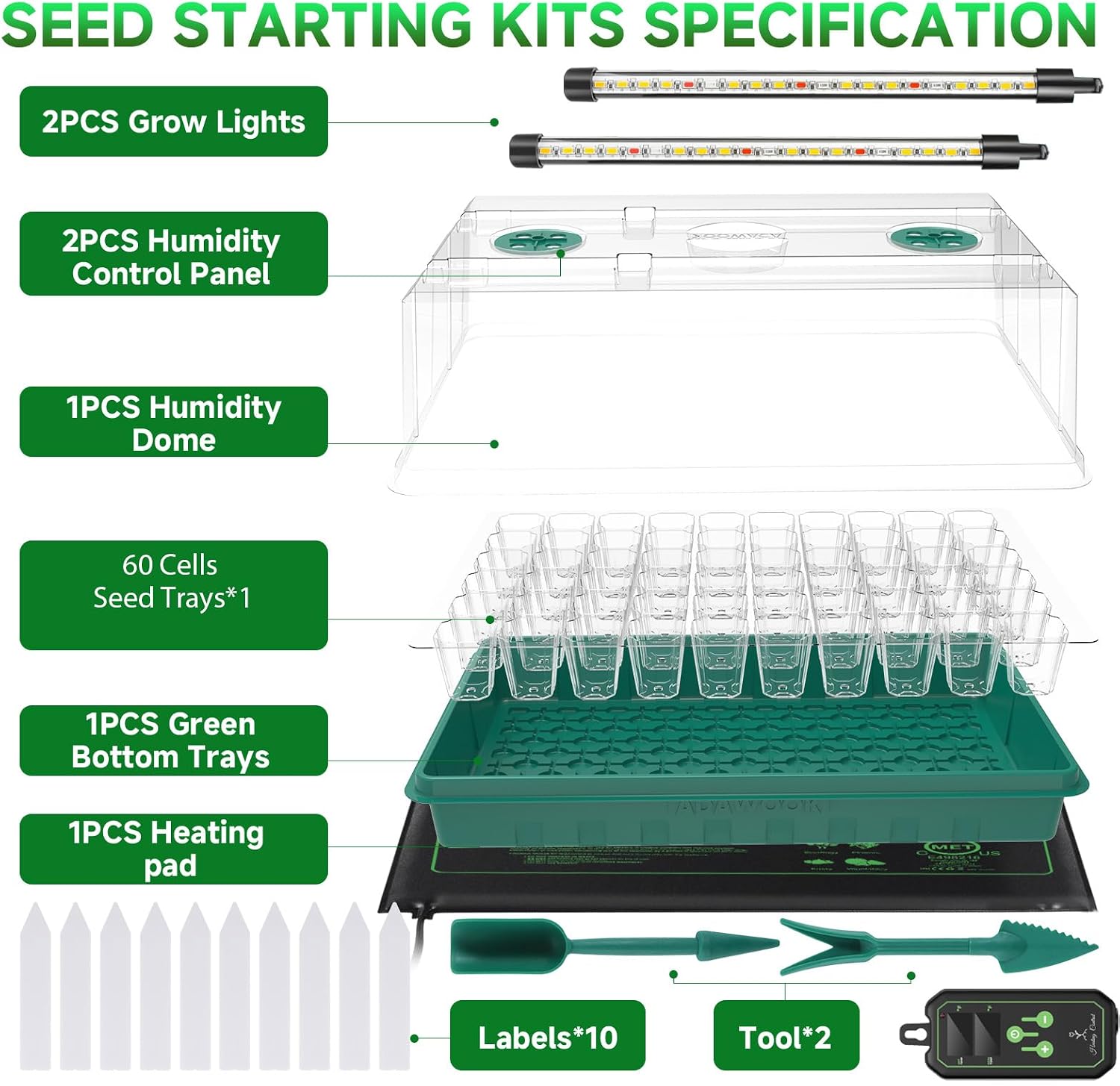 Seed Starter Tray with Grow Light and Thermostat Controller Heat Mat, 10"x 20.75" Heat Mats for Plant Growing，68-113°F