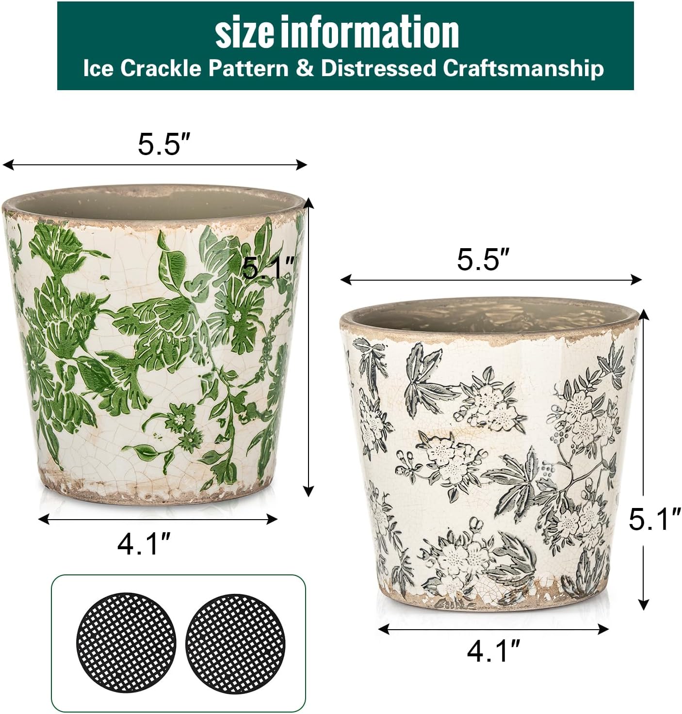 Sungmor 5.5 Inch Ice Crackle Glaze Ceramic Planter - 2 Pack Green & Grey | Decorative Indoor & Outdoor Flower Pots with
