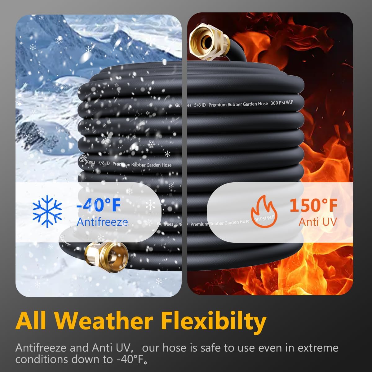 Guitrees 50FT 3/4 Heavy Duty Rubber Garden Hose - 300psi Working, 1000psi Burst - Hot/Cold Water - Five-Layered