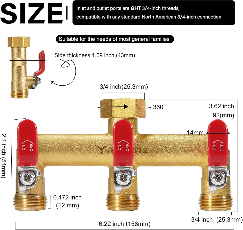 3 Way Garden Hose Splitter, 3/4" GHT Outdoor Water Spigot Splitter | Heavy Duty Solid Brass Body with Shut-off Valves &