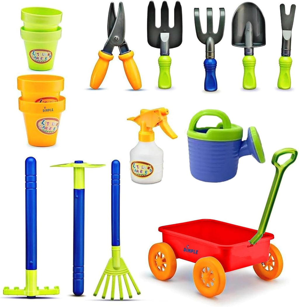 Dimple Red Garden Wagon & Tools Toy Set, 15 Pc Kids Gardening Play Set | Kids Gardening Tools, Premium Wagon Toy Set