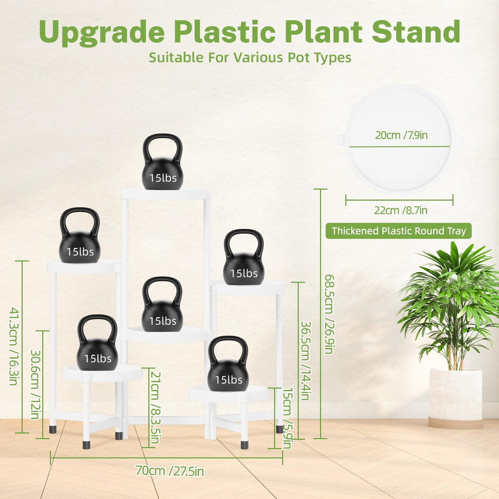 iDavosic.ly 6 Tier Folding Plant Stand Indoor Outdoor, Plastic Tray, White | Space Saving Tiered Corner Storage Display