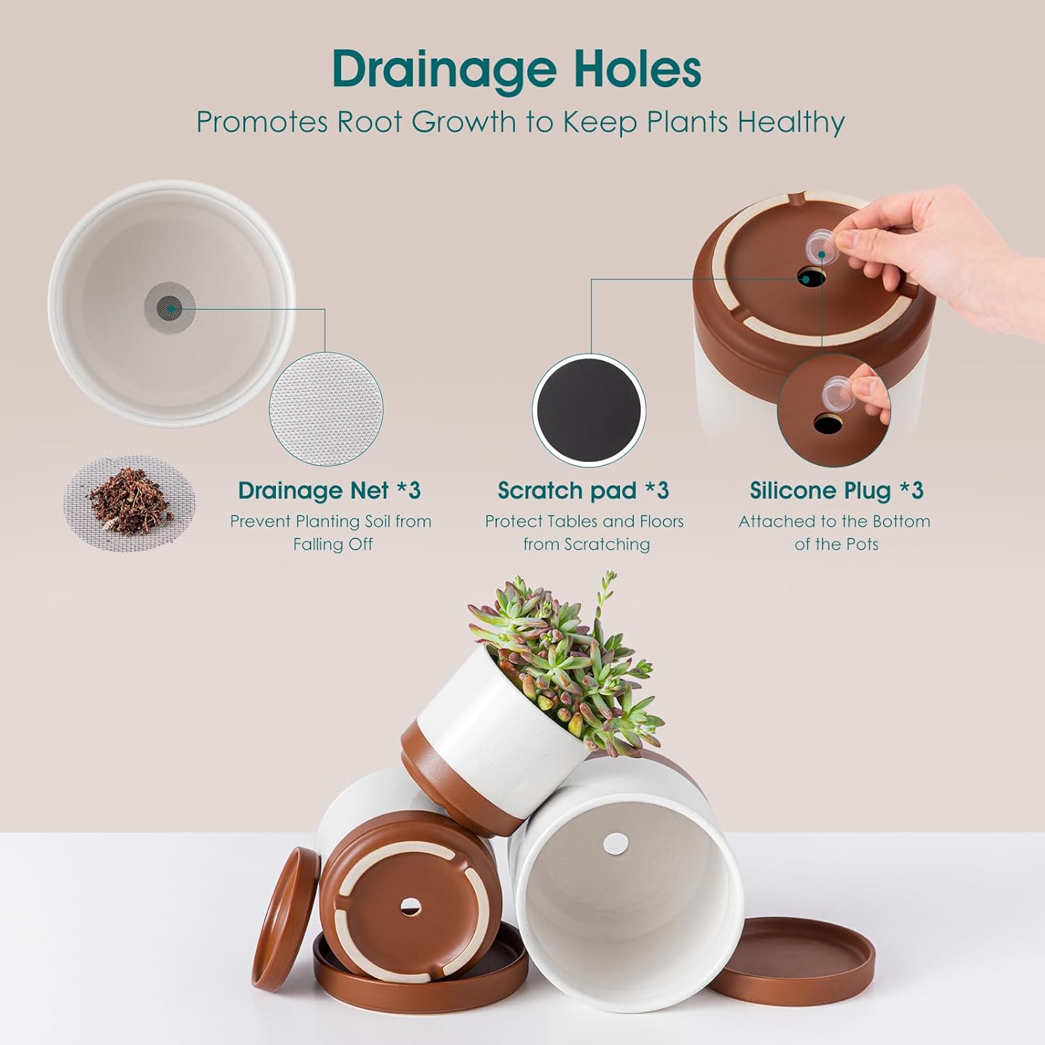 vancasso Ceramic Plant Pots, 3 Piece Planters for Indoor Plants, Khaki | 4.25+5.25+6.25 Inch Flower Pots with Drainage
