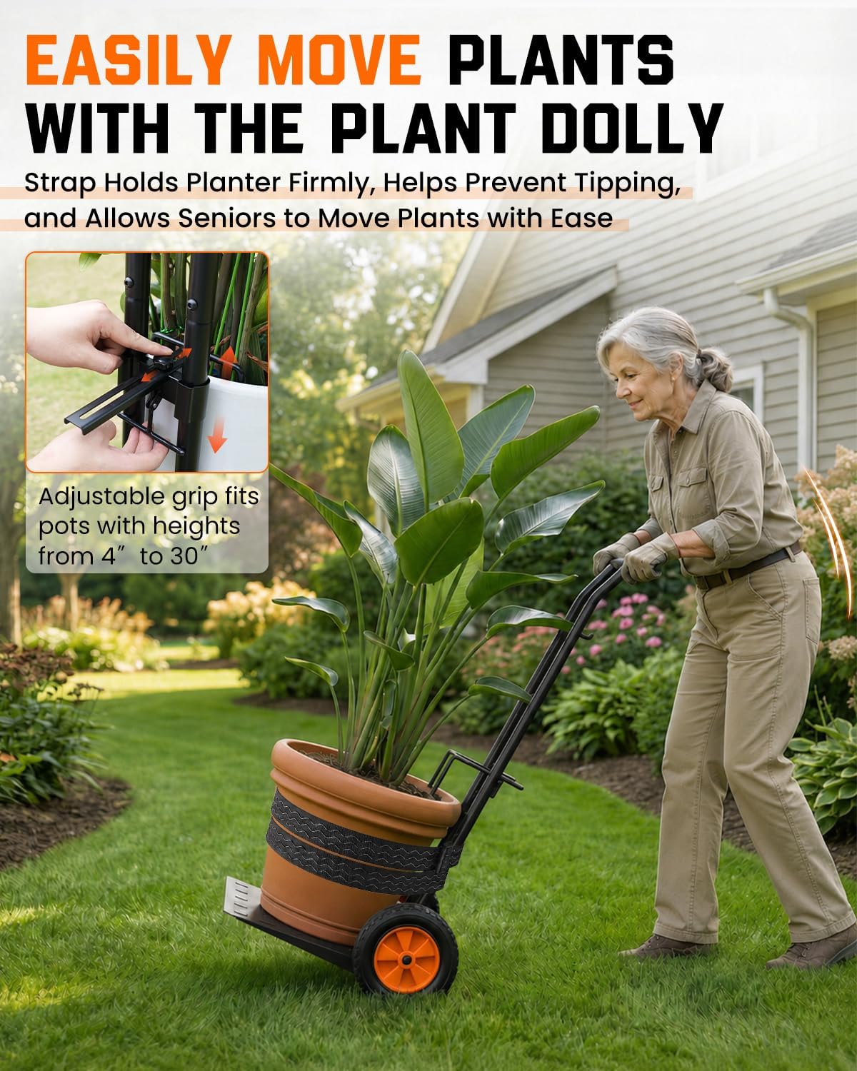 Plant Caddy with Wheels, 176Lbs Heavy Duty Plant Dolly Cart | Foldable, Adjustable Grabbing Arm & Strap, Back &