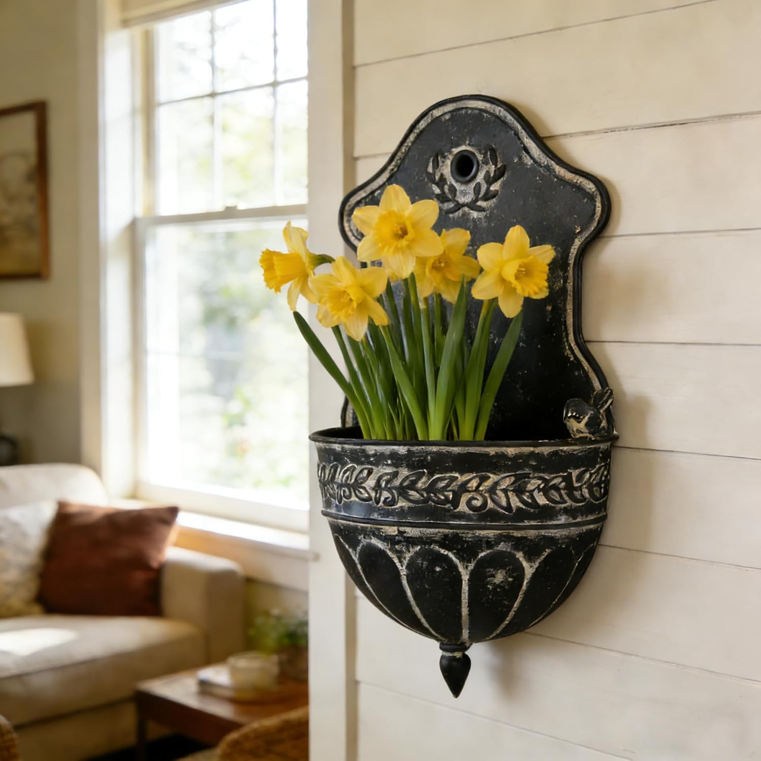 Vintage Distressed Black Metal Wall Planter, Rustic Hanging Pocket Planter with Scrollwork & Scalloped Design