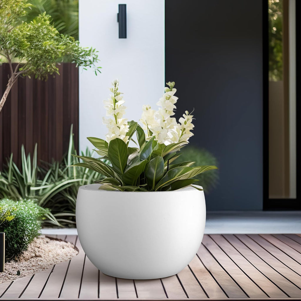 Kante Accent Round Bowl White Concrete Planter 15.7" Dia, Outdoor | Rubber Plug for Indoor, Drainage for Garden