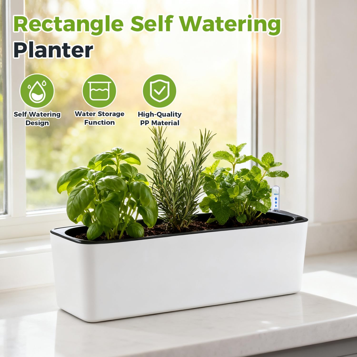 2 Pack Rectangular Planter 15.6 x 5.4 in Self Watering Planter Window Sill Planters Indoor Rectangle Plant Pot Self