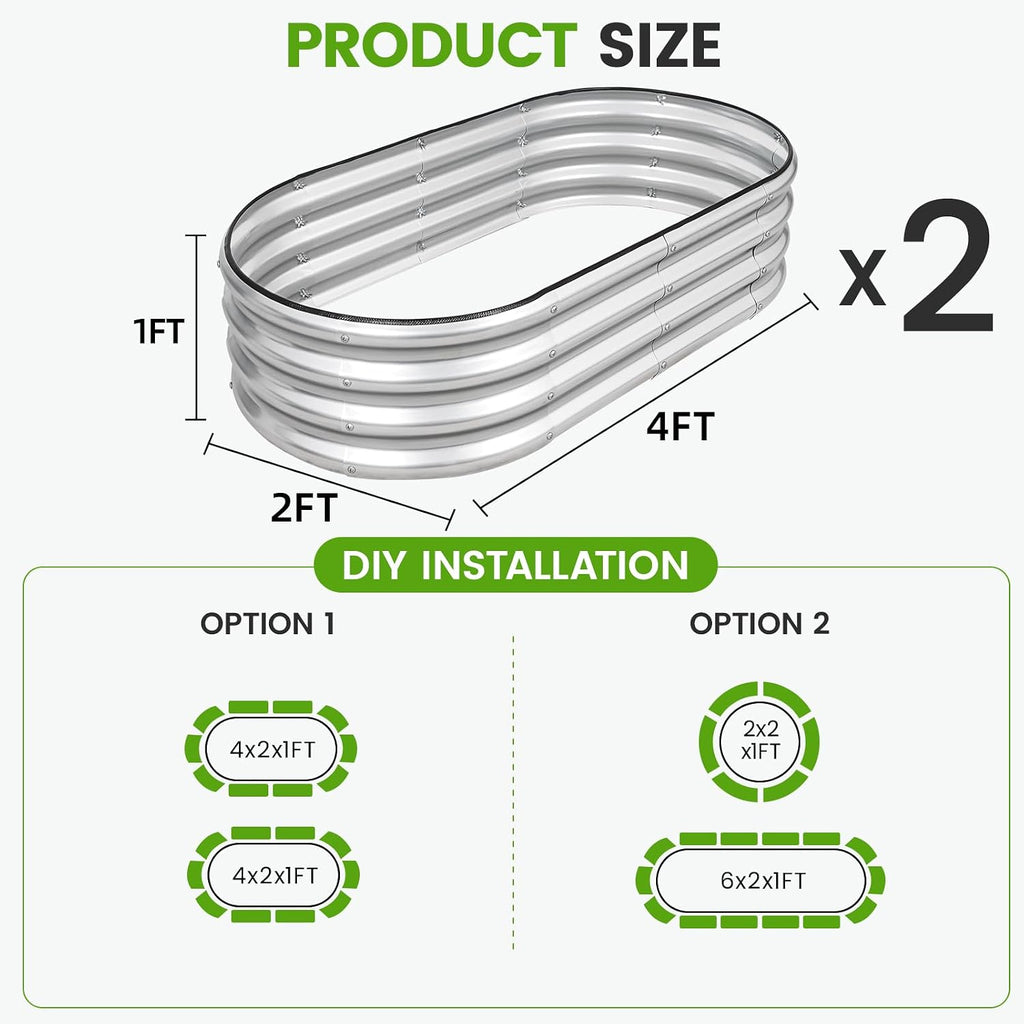 G GOOD GAIN 2Pcs Raised Garden Beds Galvanized, Planter Boxes Kit, Oliver | 4x2x1ft, Rust-Resistant, Bottomless, Safety