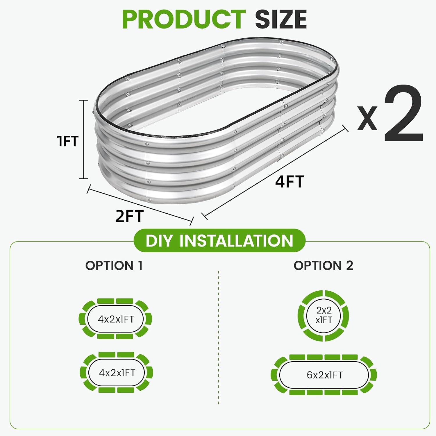 G GOOD GAIN 2Pcs Raised Garden Beds Galvanized, Planter Boxes Kit, Oliver | 4x2x1ft, Rust-Resistant, Bottomless, Safety