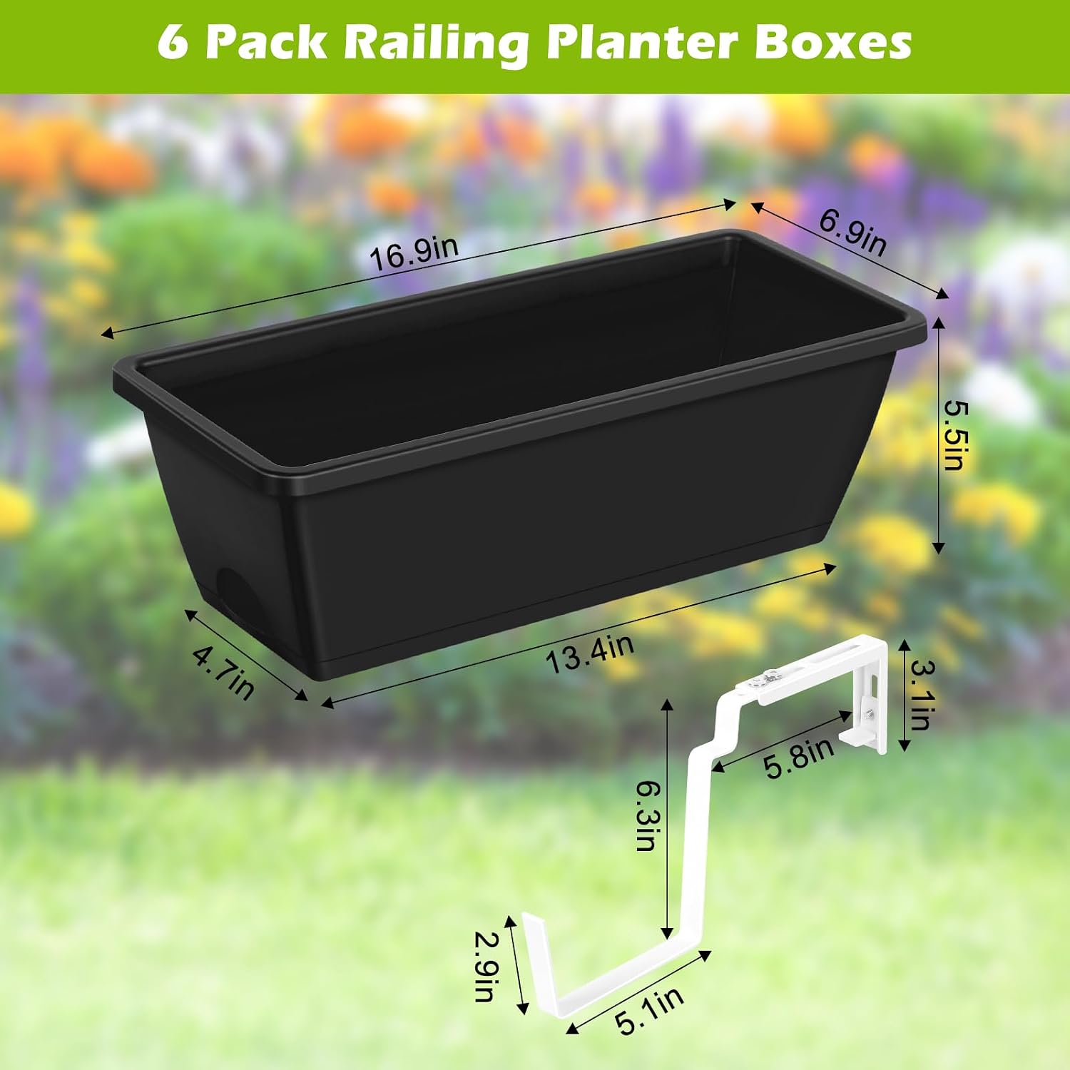 Railing Planter Boxes 6 Pack Window Boxes Planters with Adjustable Brackets | Outdoor Hanging Flower Pots for Railling