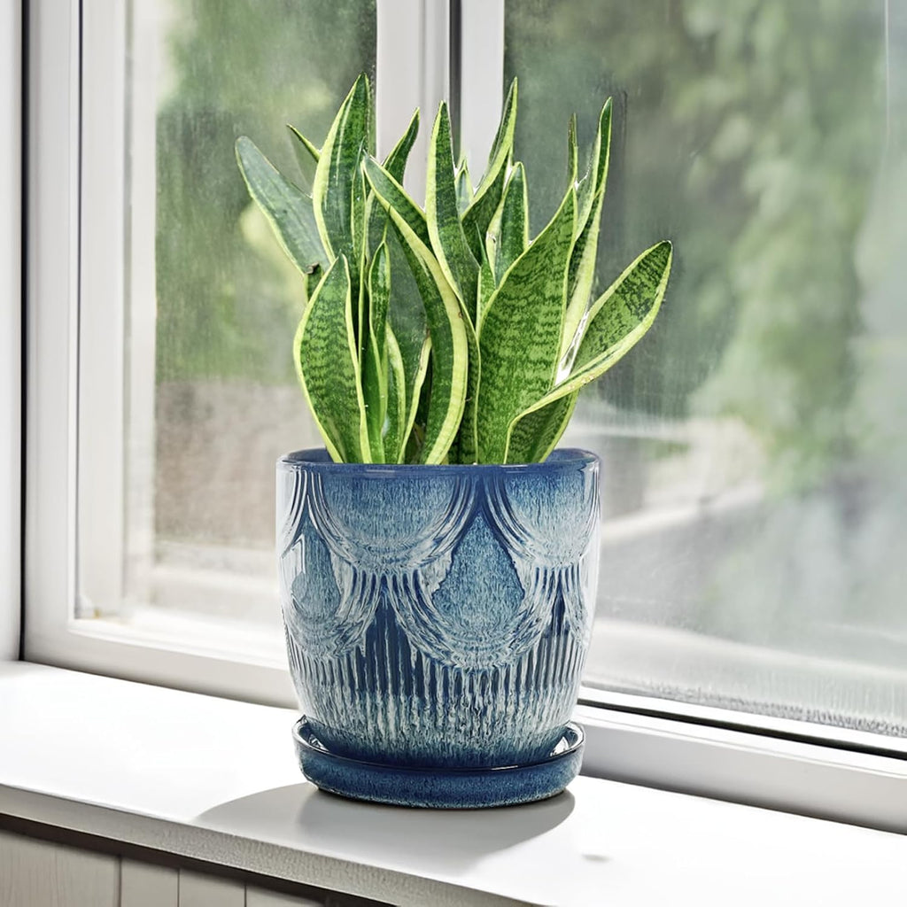 Plant Pots Indoor, Ceramic Planter, 6in Plant Pot, Plant Pots with Drainage Holes and Saucers, Flower Pots for Indoor