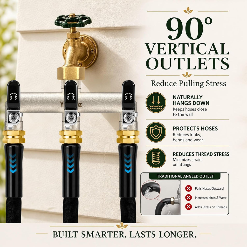 3 Way Garden Hose Splitter, 3/4" GHT Outdoor Faucet Splitter | Heavy-duty Solid Brass Body, Wide Spacing Fits Large