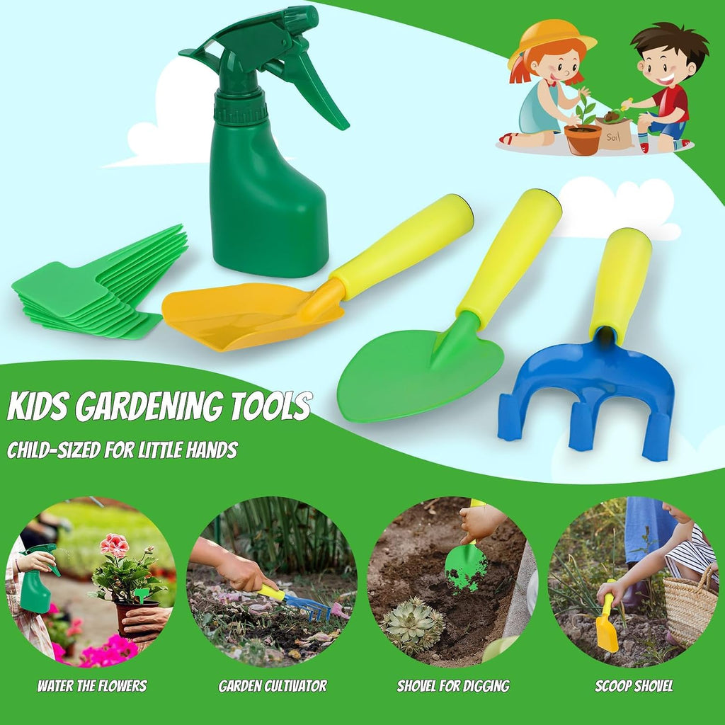 Kids Gardening Tools Set, 22 Pcs Real Metal Wood – Outdoor Toddlers Gifts | Includes Shovel Rake Hoe Leaf Rake Trowel