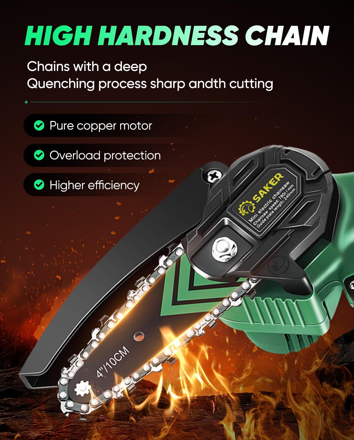 Saker Mini Chainsaw Electric with 2 Batteries Green | Cordless and Portable Chain Saw Battery Powered,Handheld Chain