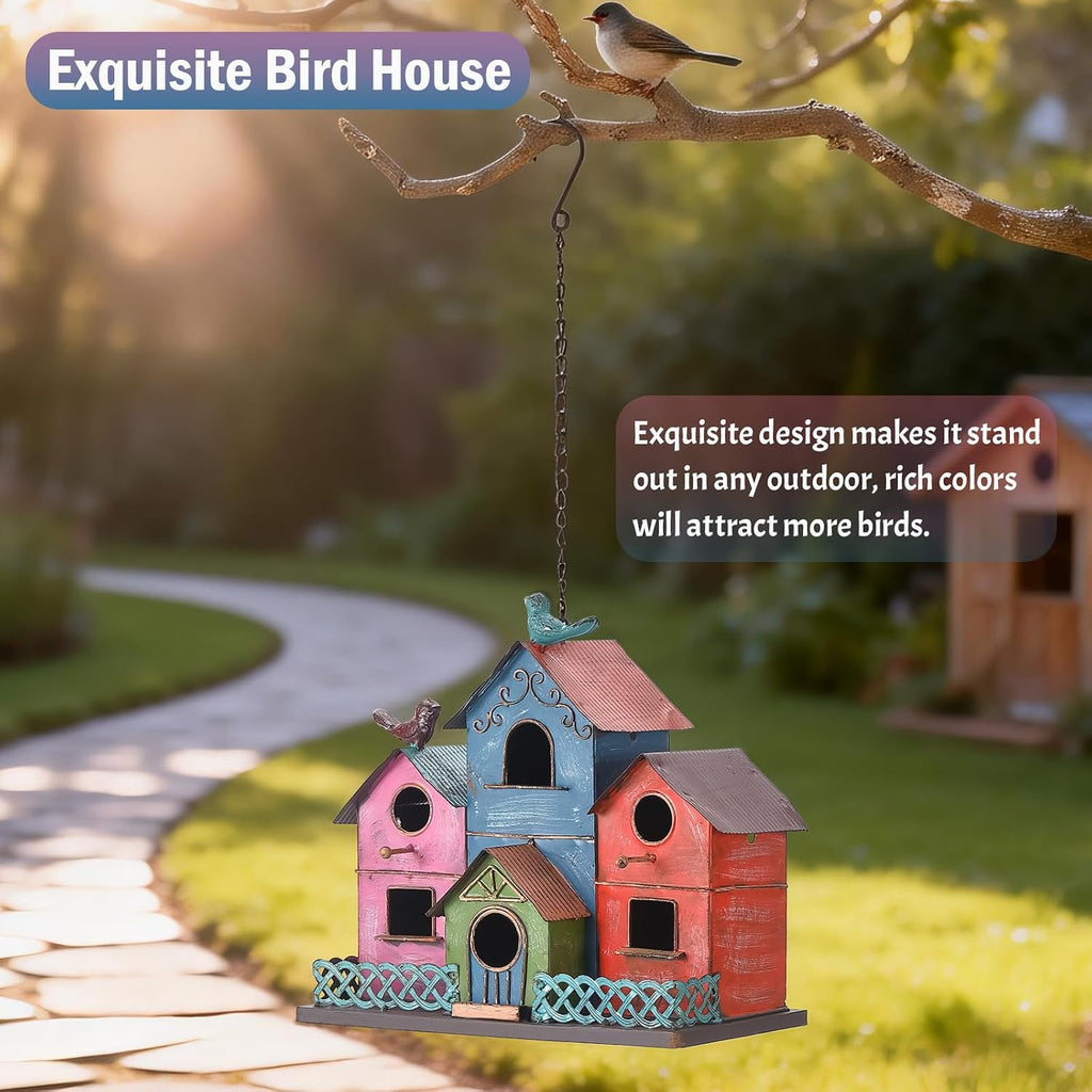 Metal Bird Houses for Outside Hanging, Large Bird Houses for Outdoors with 4 Compartments for Birds to Nest in