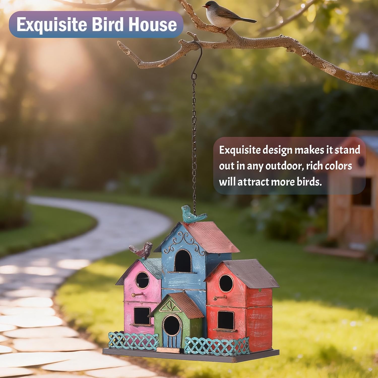 Metal Bird Houses for Outside Hanging, Large Bird Houses for Outdoors with 4 Compartments for Birds to Nest in
