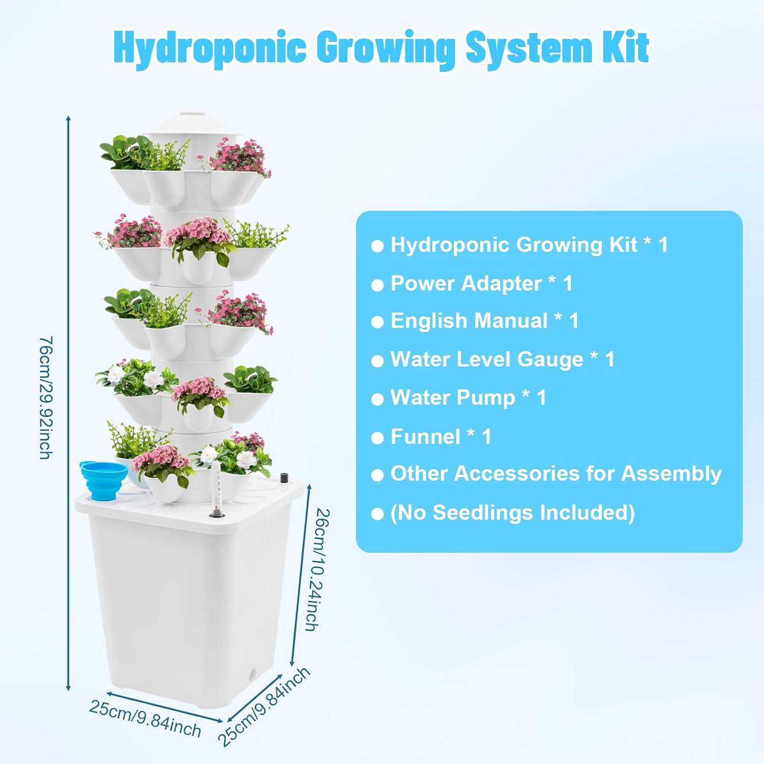 25-Plant Vertical Tower Garden System - Indoor Hydroponic Growing Kit | with Pump, Funnel & Water Level Gauge, Vertical