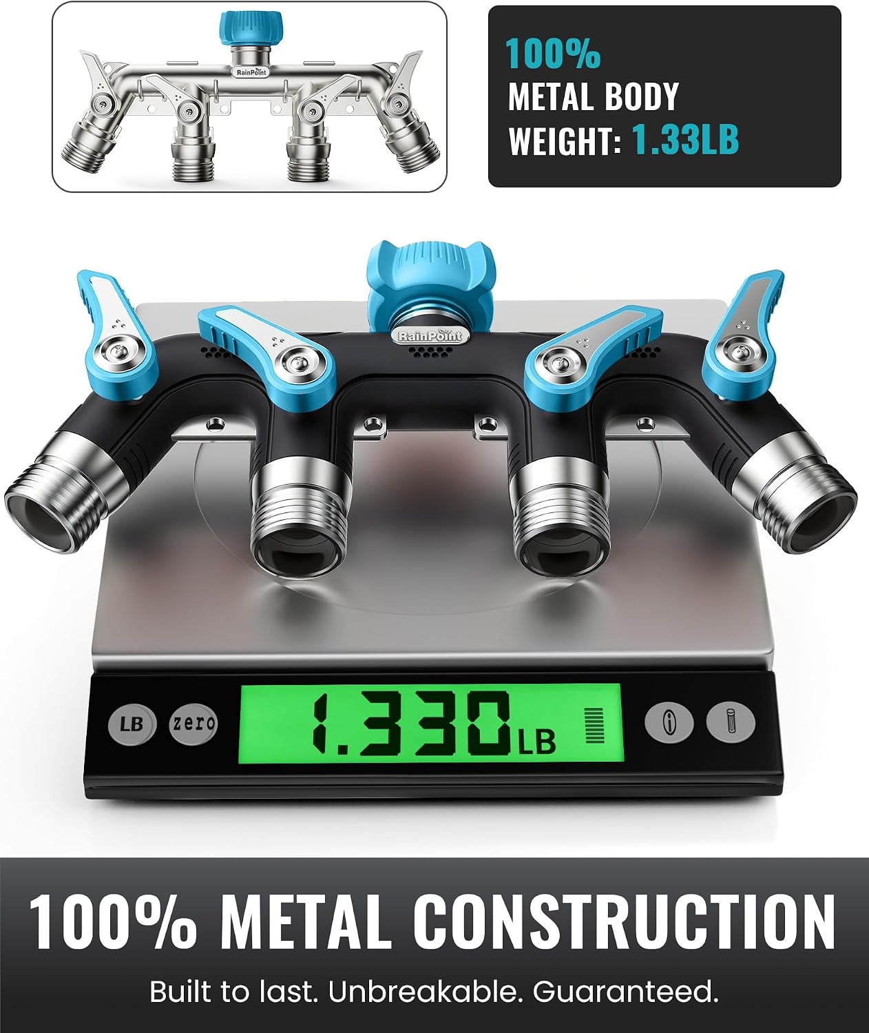 RAINPOINT 4 Way Garden Hose Splitter, 100% Metal Heavy Duty Water Hose Splitter with Individual Shut-Off Valves, 3/4"