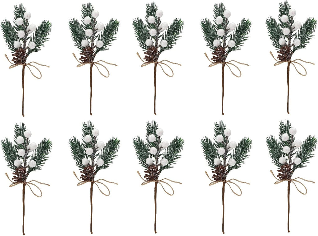 Artificial Red Berry Stems Pine Branches with Twine Bow,Christmas Pine Picks Fake Red Berry Wreath Picks, Christmas Trees Decoration Bouquets Garland Wreath Arrangements for Holiday(20 Pack/White)