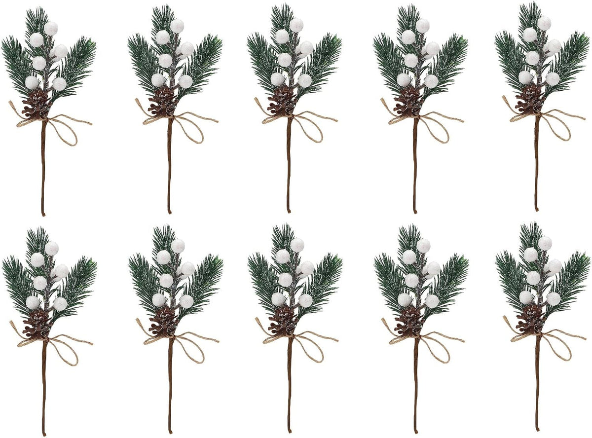 Artificial Red Berry Stems Pine Branches with Twine Bow,Christmas Pine Picks Fake Red Berry Wreath Picks, Christmas Trees Decoration Bouquets Garland Wreath Arrangements for Holiday(20 Pack/White)