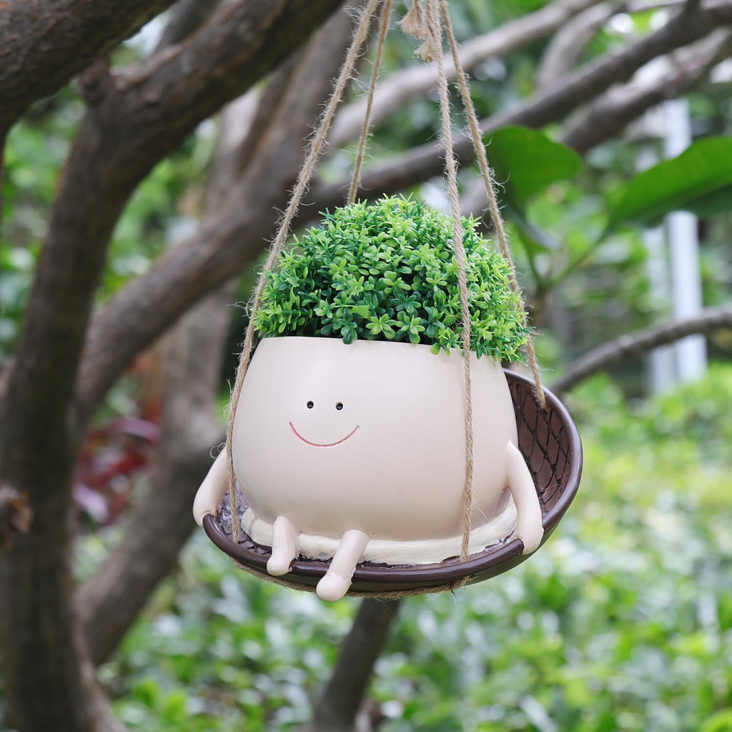 bestbear Hanging Swing Chair Planter Pot Resin Smiley Face Planter for Indoor Outdoor Plant Cute Head Flower Pots for