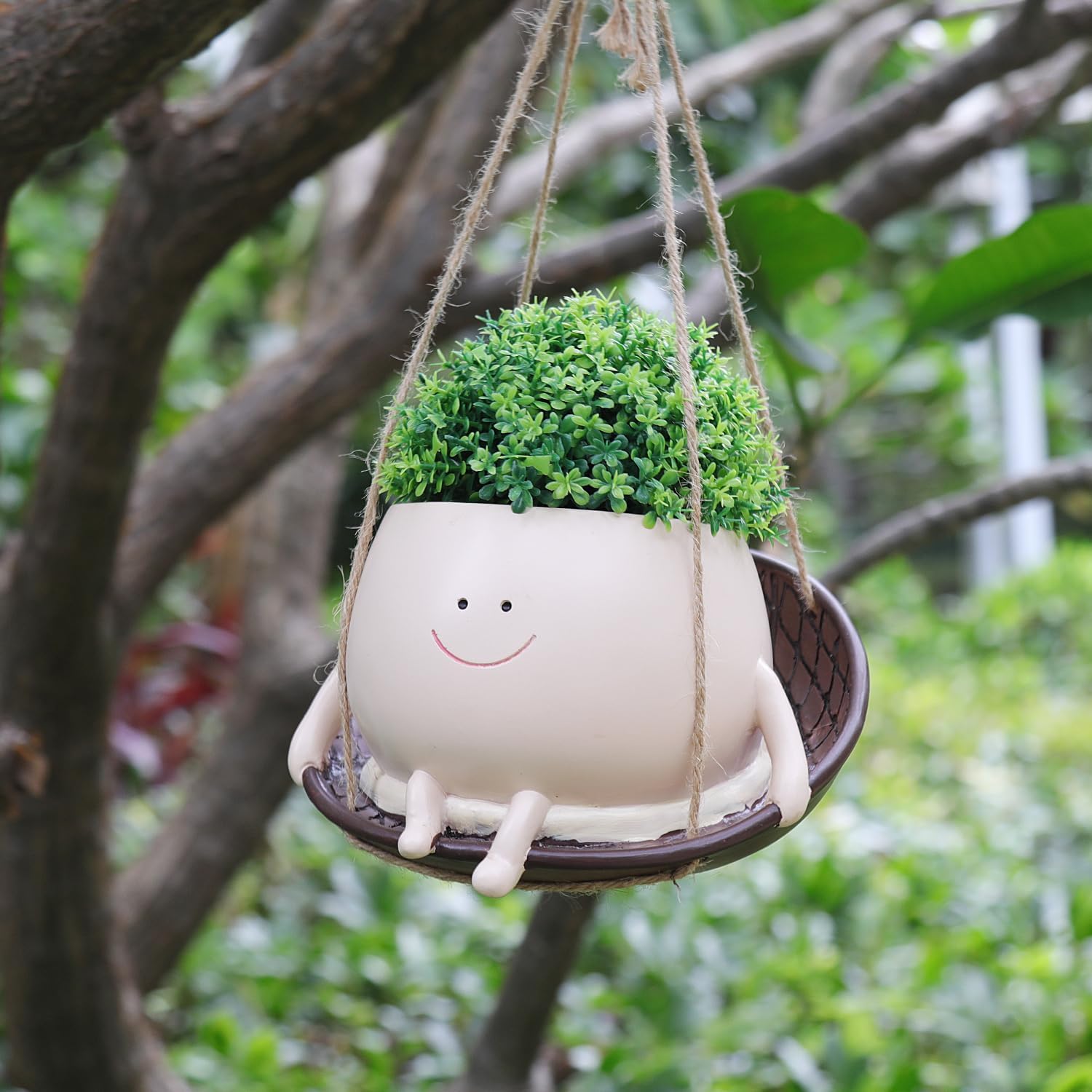 bestbear Hanging Swing Chair Planter Pot Resin Smiley Face Planter for Indoor Outdoor Plant Cute Head Flower Pots for