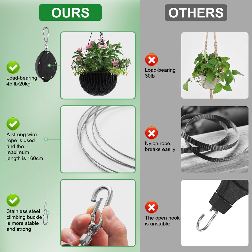 4 Pack Heavy Duty Plant Pulley, Retractable Plant Hanger with Steel Rope | 63" Stainless Steel Rope, Quick Lock